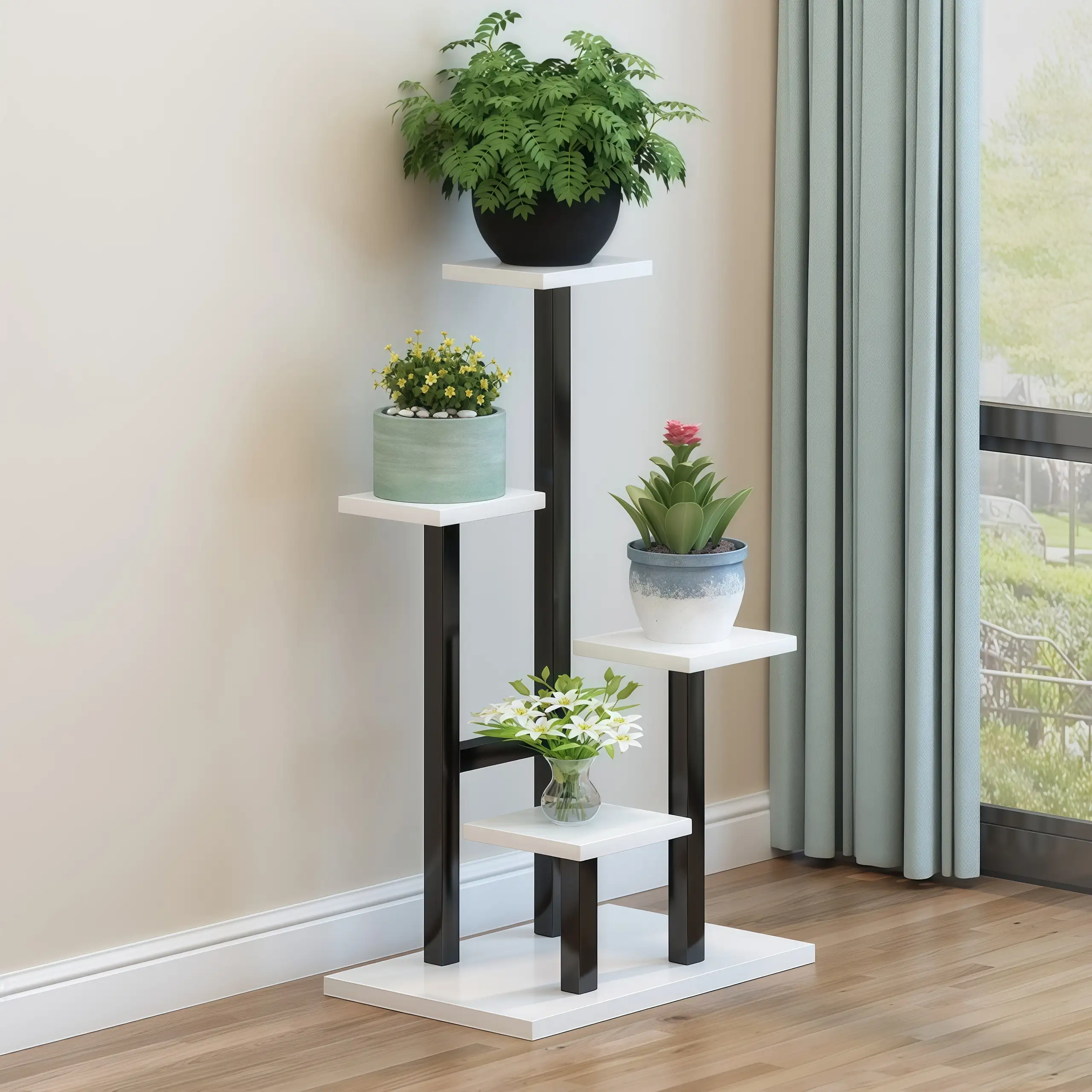 Custom multi level plant stand steel wood combination OEM supplier