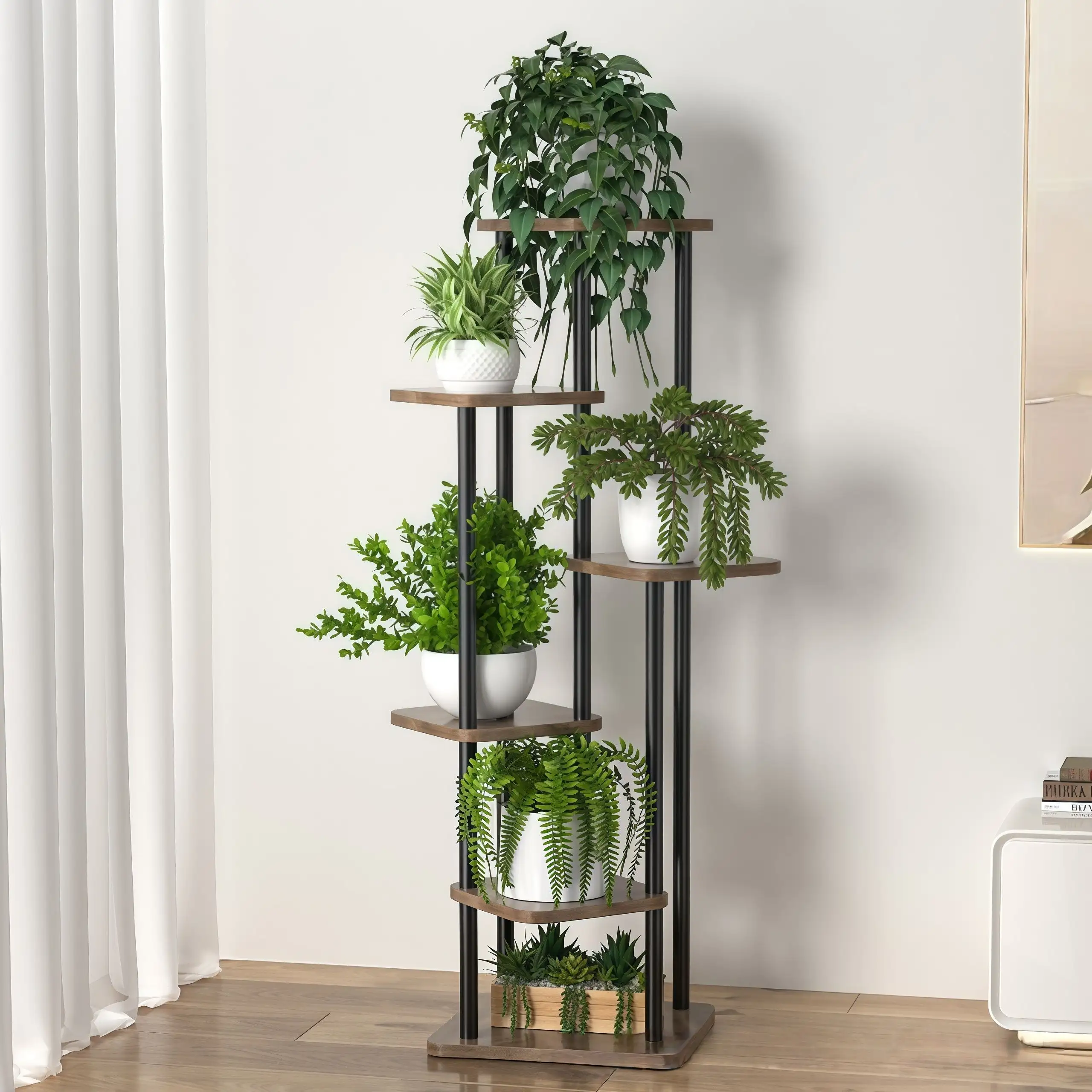 Modern indoor plant rack wood metal structure display shelf supplier