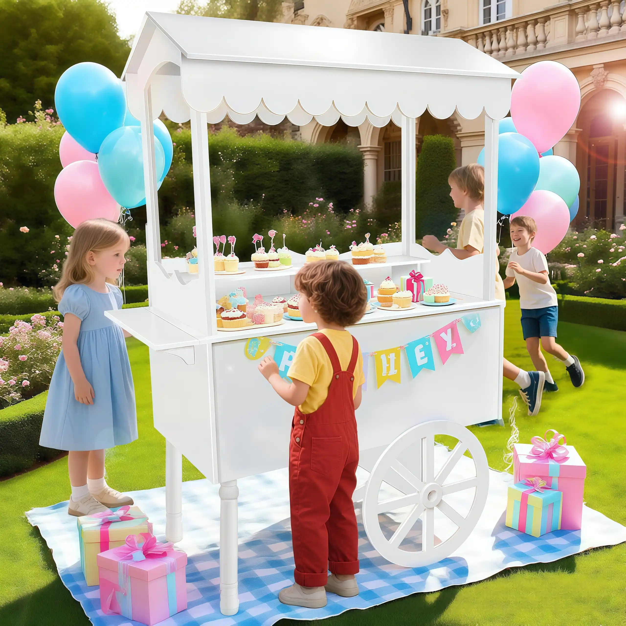 White wood candy cart scalloped canopy ODM manufacturer