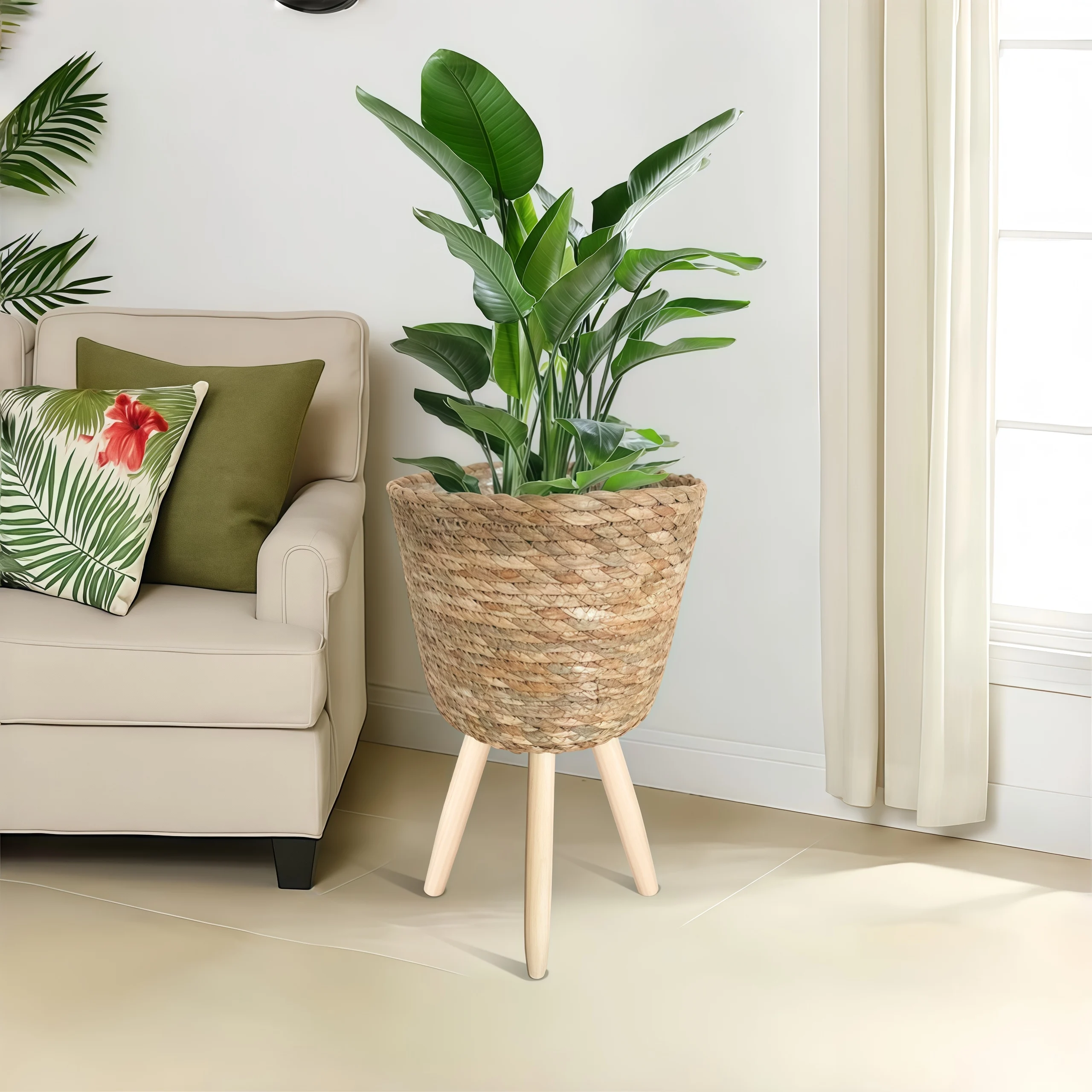 Natural fiber woven plant stand for indoor home decor