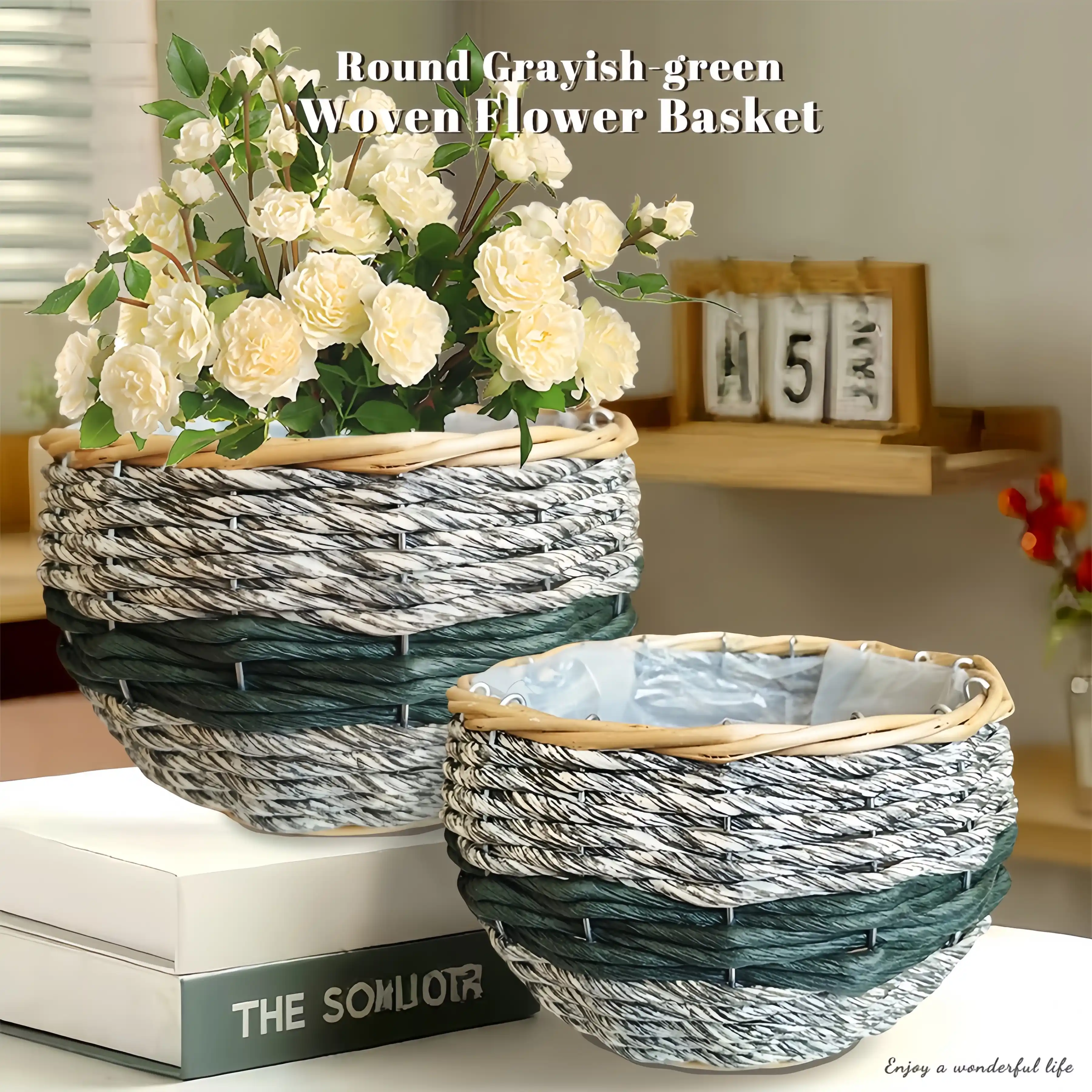 Small woven flower pot basket with waterproof plastic liner