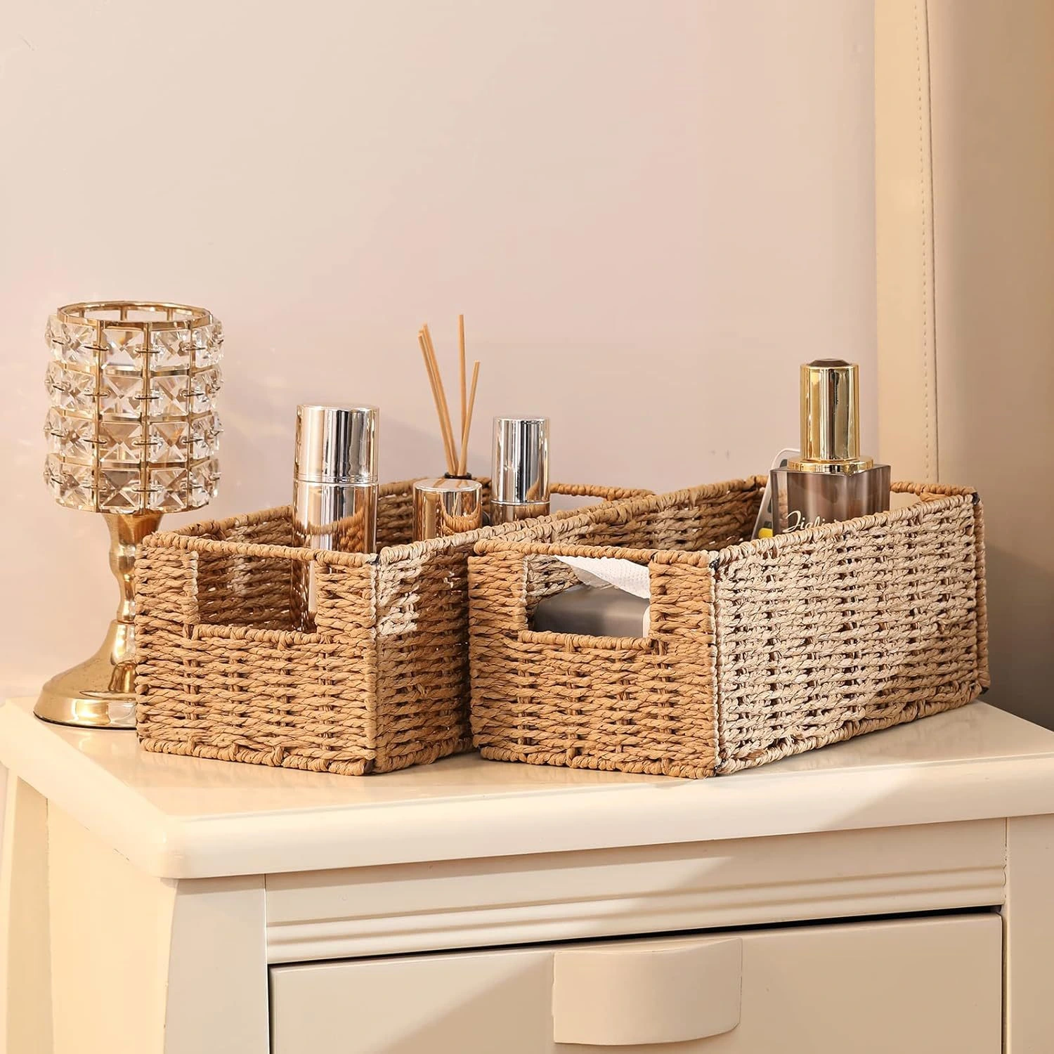 Handwoven paper rope storage basket set for cosmetics and home organization