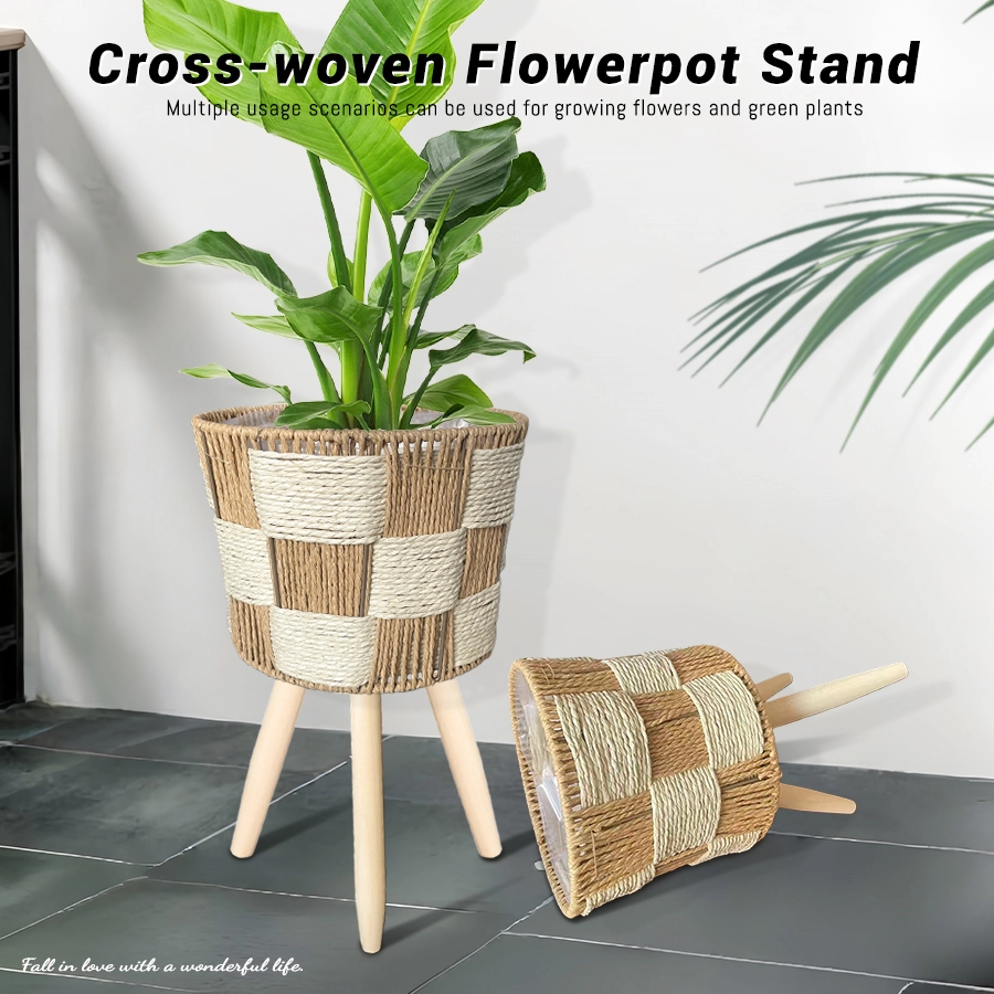 Two-tone paper rope woven plant stand for indoor greenery