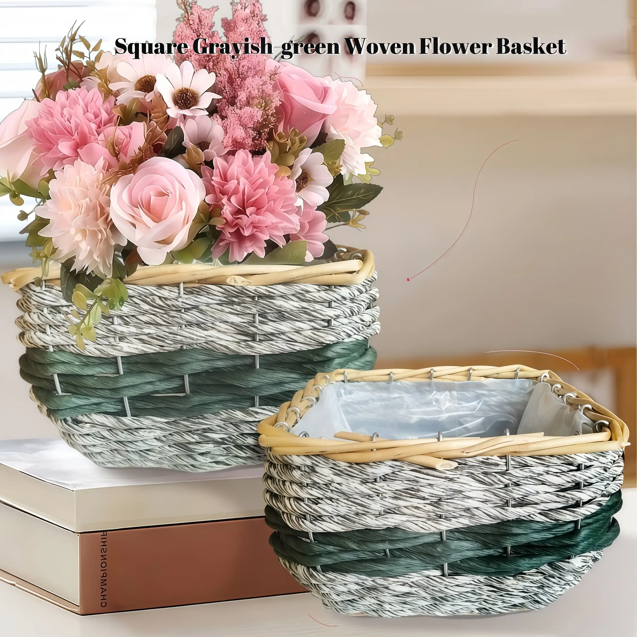 Decorative tabletop woven planter basket for small flowers