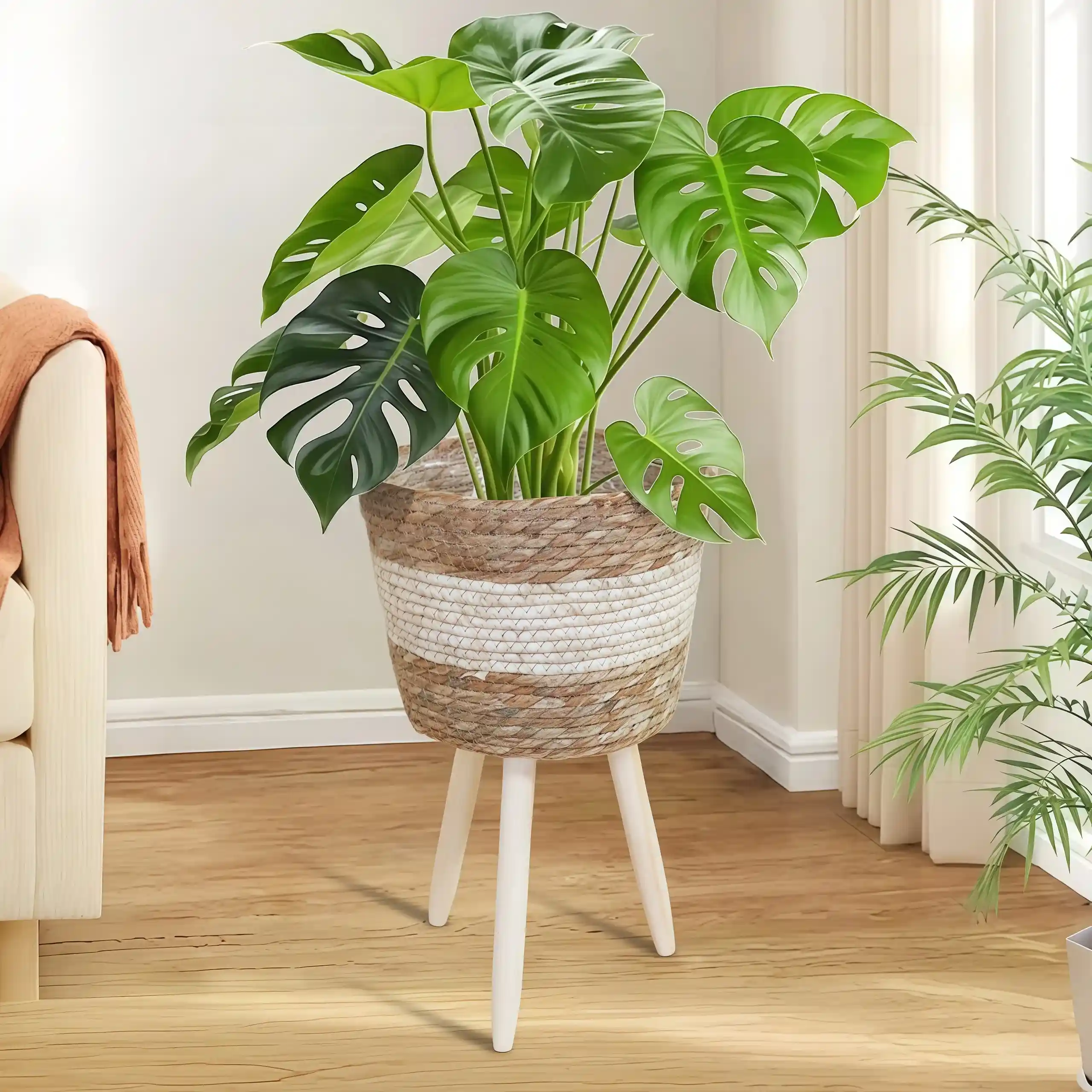 Handcrafted woven planter with removable wooden legs