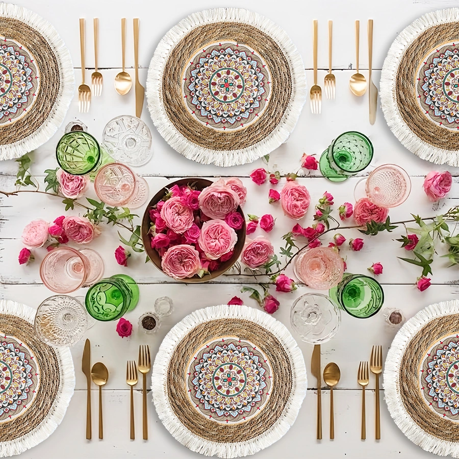 Round natural straw placemat with custom Boho pattern
