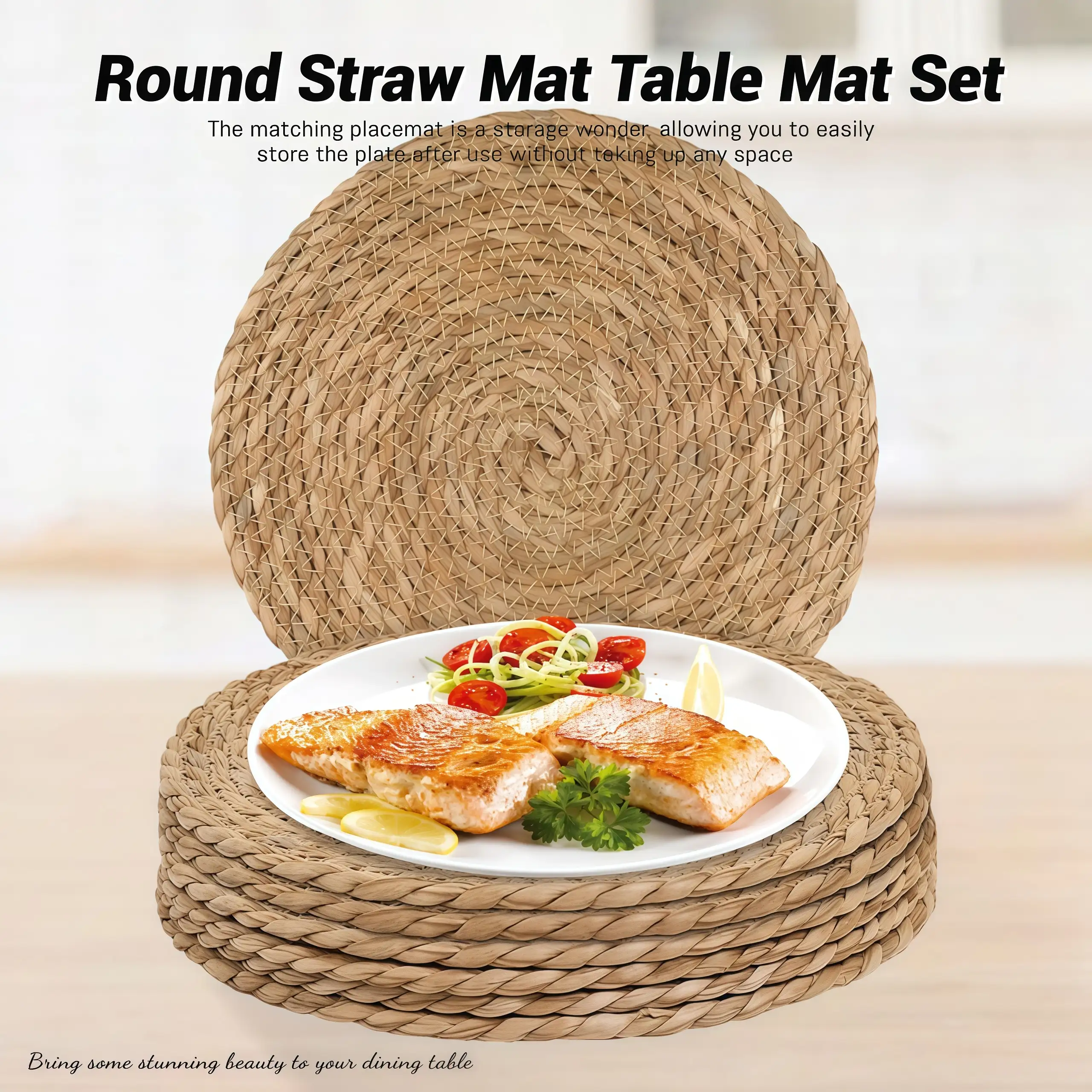 Round bulrush woven placemat set for home dining decor