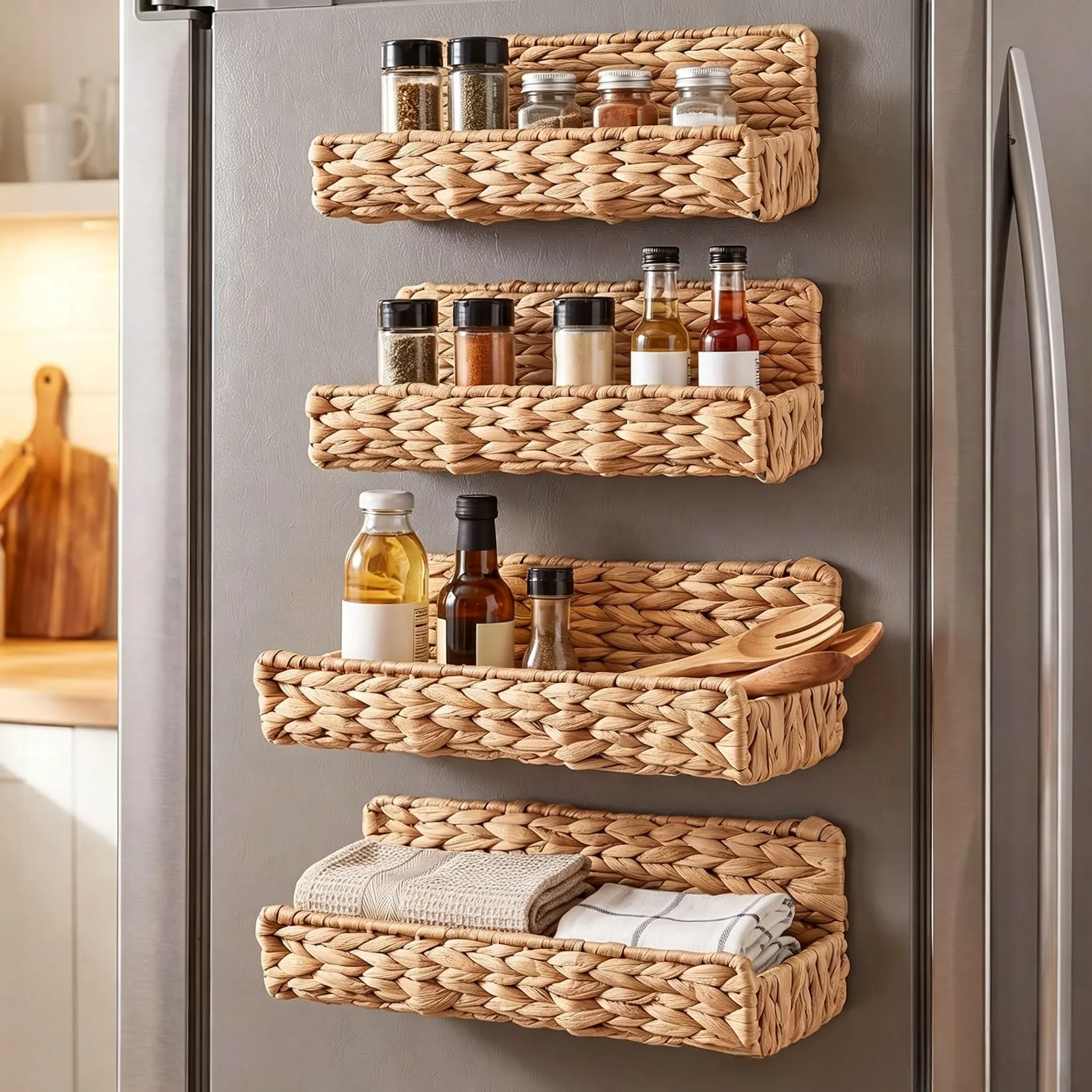Handwoven water hyacinth wall mounted storage rack for kitchen organization